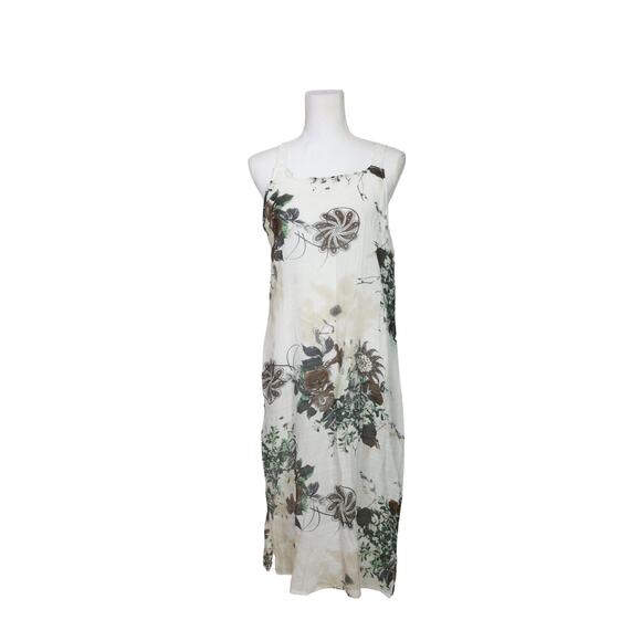 Izuria Linen Midi Dress Floral‎ size XL White Green Tan Midi Lined Sleeveless - Picture 1 of 9